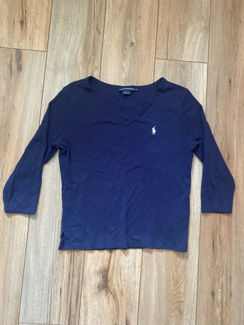 Ralph Lauren Sport Navy Blue V-Neck Long Sleeve Tee with White Pony
